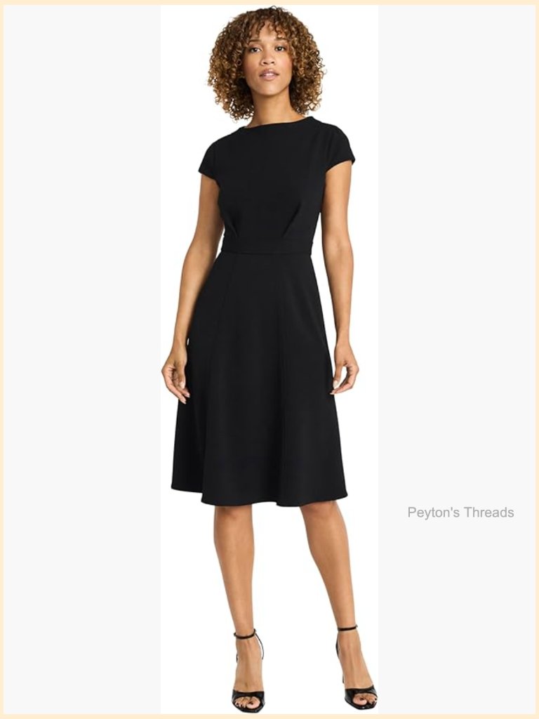 A-Line Midi Dress With Cap Sleeves, Fitted Bodice, Flared Skirt, Cocktail Dress